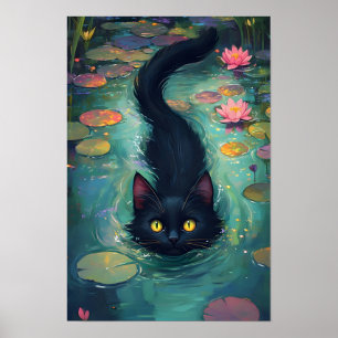 Grappige zwarte kat zwemt poster