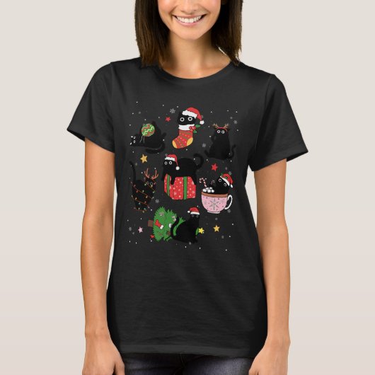 Grappige zwarte katten kerstmuts kerstboom vrolijk t-shirt (Voorkant)