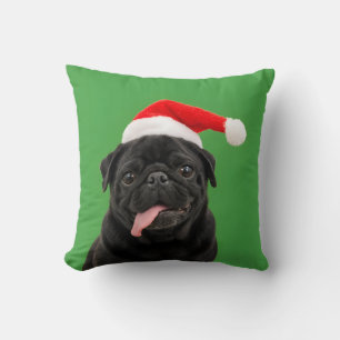 Grappige Zwarte Pug Kerstman Hoed Tong Uit Kerstmi Kussen