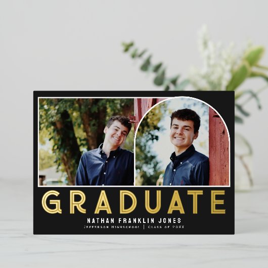 Gras Black Graduation Arch Photo Foil Invitation (Debout devant)