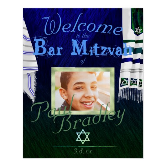 Gras Blue & Green Bar Mitzvah Prière Tallit Poster (Devant)