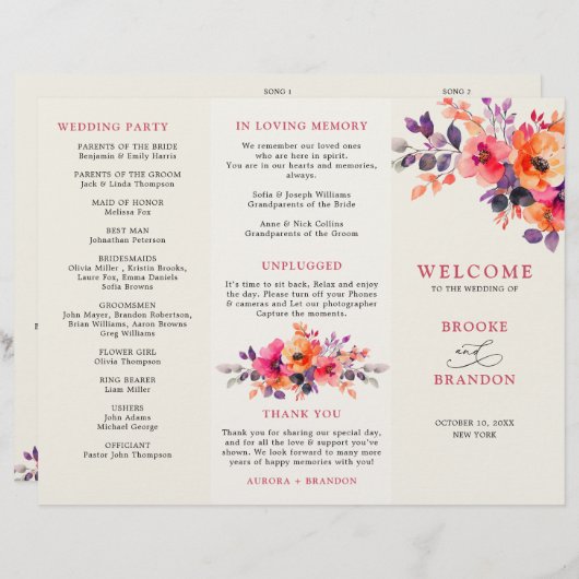 Gras Bright Pink Orange Trfold Programme de mariag (Devant / Derrière)