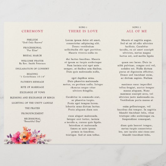 Gras Bright Pink Orange Trfold Programme de mariag (Dos)