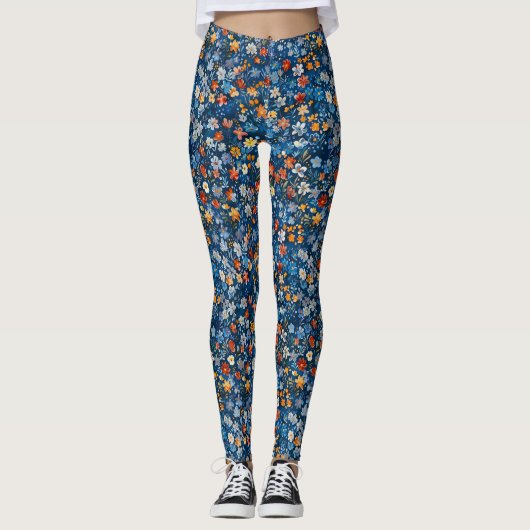 Gras Floral Ditsy Patternes Bleu foncé Leggings (Devant)