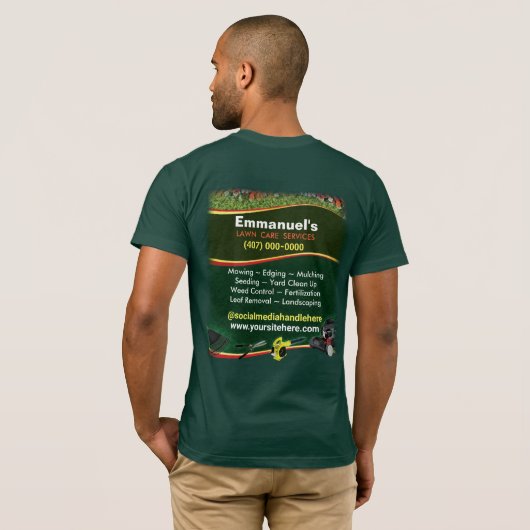 Gras met groene T-shirt voor de landschapsverzorgi (Achterkant volledig)
