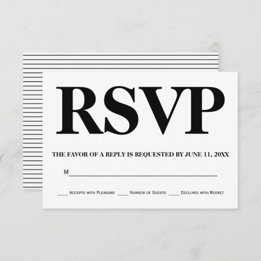 Gras noir, blanc typographie rayures mariage RSVP (Devant / Derrière)