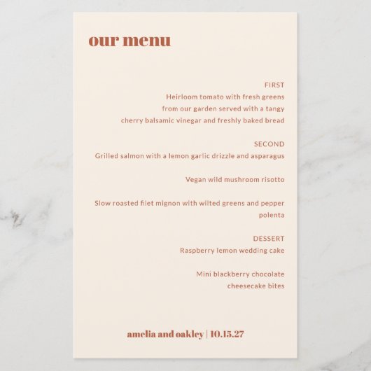 Gras Simple Boho Rust Simple Custom Wedding Menu (Devant)
