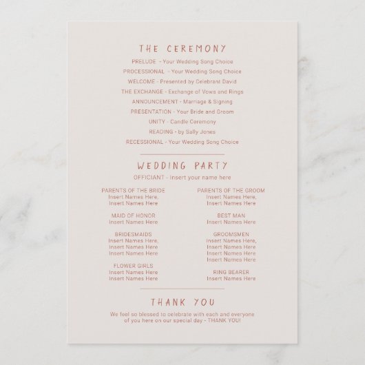 Grasbessen waterverf bruin sinaasappel bruiloft programma (Achterkant)