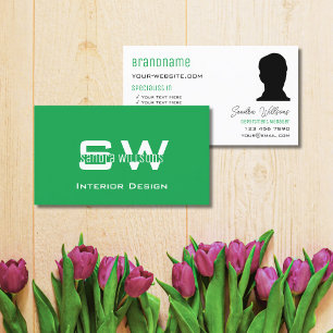 Grasgroen Vlak Wit met Monogram en Foto Visitekaartje