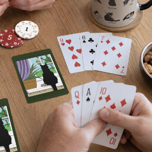 Grasgroene Nieuwsgierige Zwarte Kat Raam  Pokerkaarten