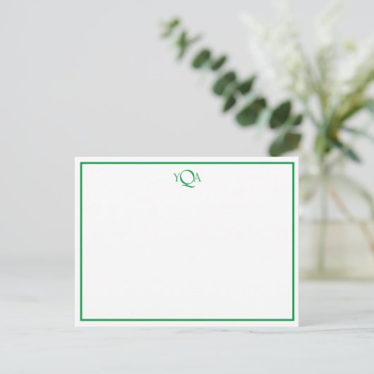 Grass Green and White Monogrammed Flat Note Briefkaart (Staand voorkant)