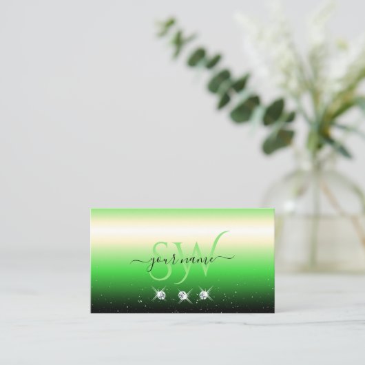 Grass Green Black Gradient Sparkle Jewels Monogram Visitekaartje (Staand voorkant)