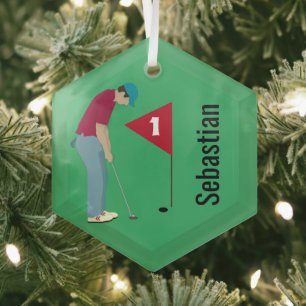 Grass Green Golfer Putting Glas Ornament