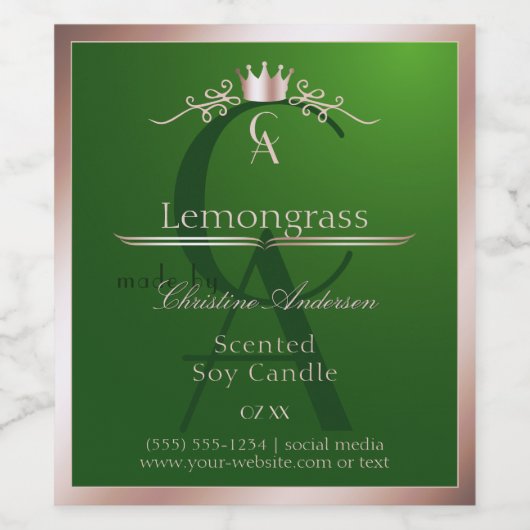 Grass Green Product Label Rose Gold Frame Monogram Wijn Etiket (Enkel label)