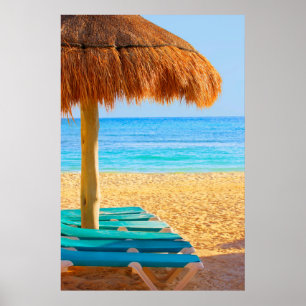 Grass Hut & Loungers on Beach Poster