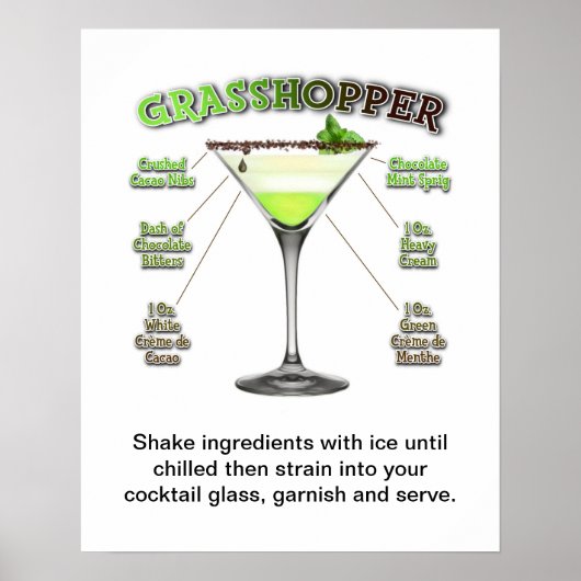 GRASSHOPPER COCKTAIL RECIPE ART 16" X 20" POSTER (Voorkant)