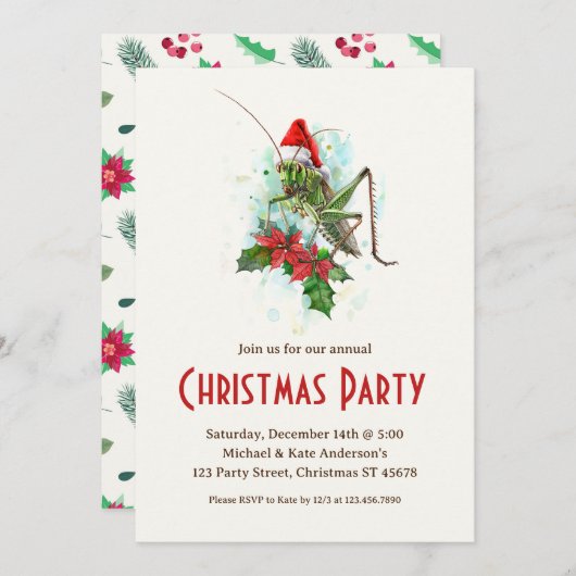 Grasshopper Santa Hat Poinsettias Kerstfeest Kaart (Voorkant / Achterkant)