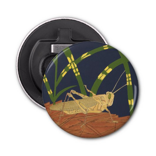 Grasshopping in groene gras op blauwe achtergrond button flesopener (Voorkant)