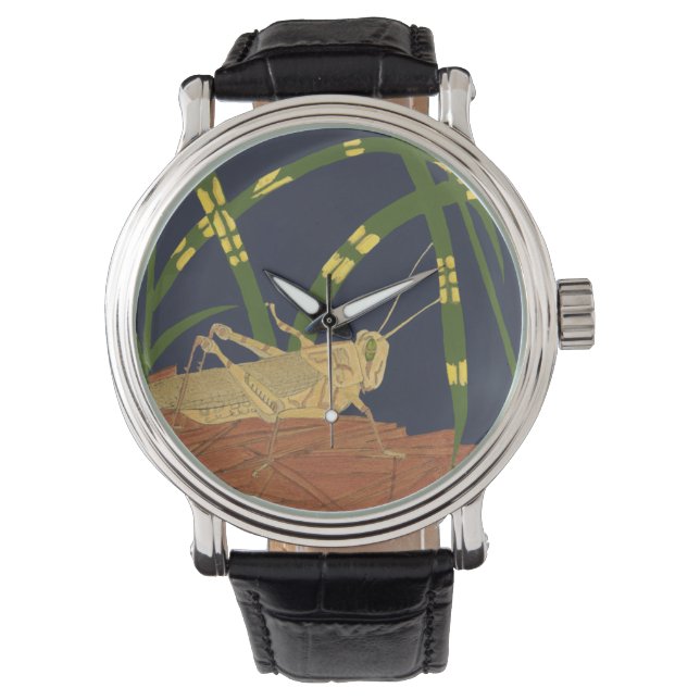 Grasshopping in groene gras op blauwe achtergrond horloge (Voorkant)