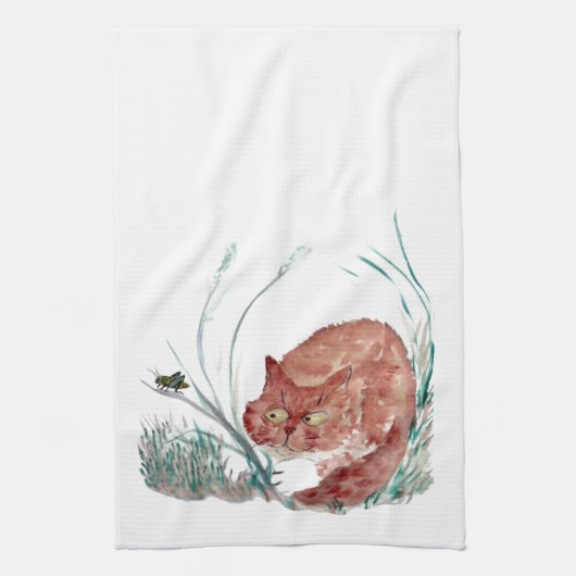 Grasshouper Teases the Kitten, Sumi-e Theedoek (Verticaal)