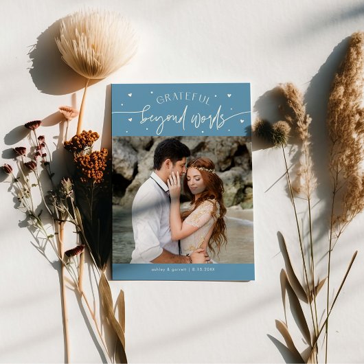 Grateful Beyond Words Wedding Photo Denim Blue Bedankkaart