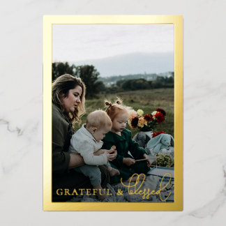 Grateful & Blessed Family Photo Collage Gold Folie Feestdagenkaart
