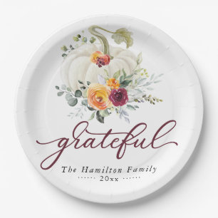 Grateful Burgundy Floral Pumpkin Thanksgiving Papieren Bordje