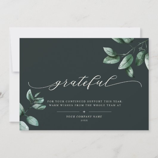 Grateful | Elegant Script Eucalyptus Business Logo Feestdagenkaart (Voorkant)