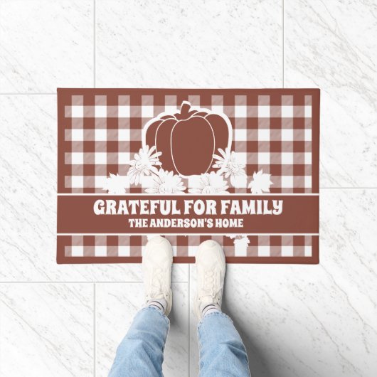 Grateful Familie Custom Pompoen Vines Bruin Plaid Deurmat (Binnen)