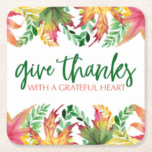 Grateful Heart Autumn verliest Thanksgiving Border Vierkante Kartonnen Onderzetter