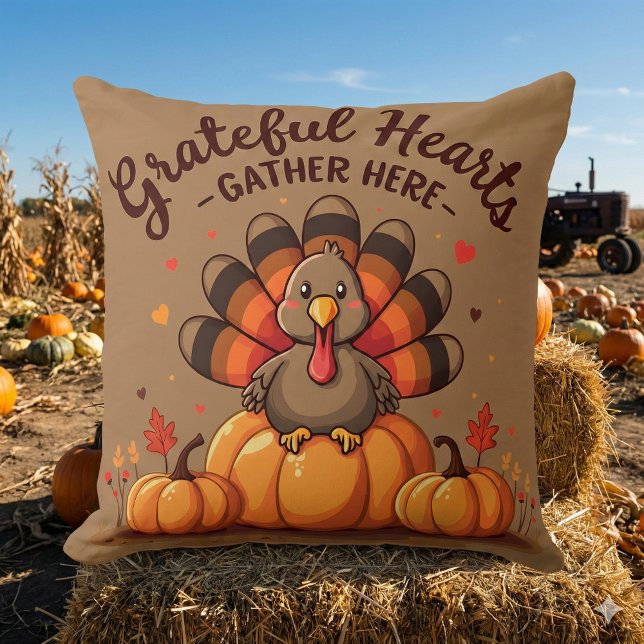 Grateful Hearts Thanksgiving Turkey Kussen (Grateful Hearts Thanksgiving Turkey Throw Pillow Mockup D)