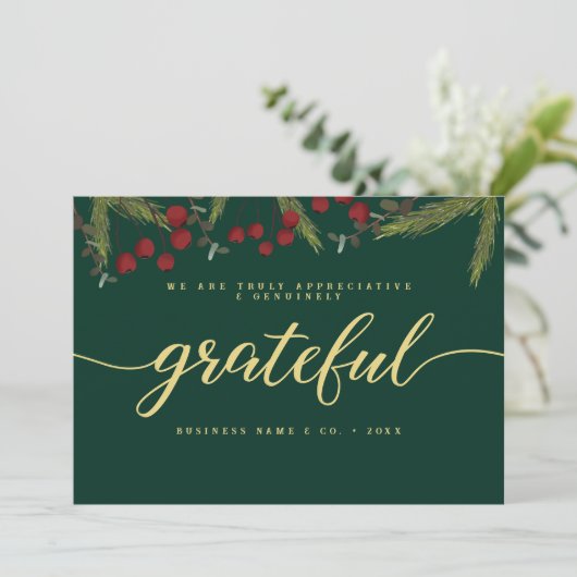 Grateful Modern Script Holly Pine business logo  Feestdagenkaart (Staand voorkant)
