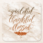 Grateful Thankful Blessed Modern Marble Feather Vierkante Kartonnen Onderzetter (Voorkant)