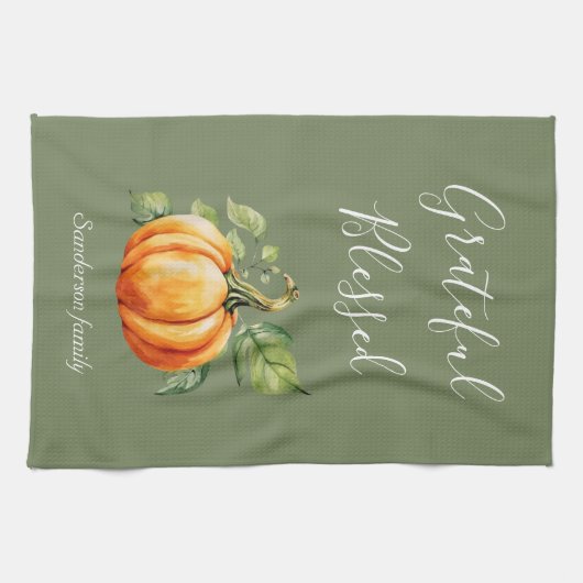 Grateful Thanksgiving Pompoen Moss Green Theedoek (Horizontaal)