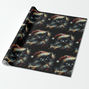 Gratieuze Zwarte Kat Kerstman Kersthoed Decoupage Cadeaupapier