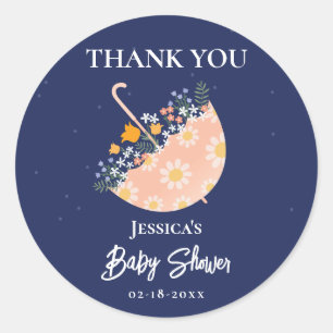 Gratigkaart Whimsical Flowers Paraplu Baby Shower Ronde Sticker