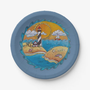 Gratiljoord vuurtoren strand scene kust volks kuns papieren bordje