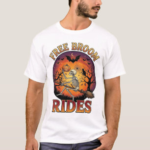 Gratis Bezem Ritten Halloween Skelet Pompoen Zwart T-shirt