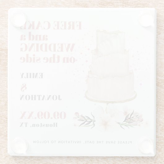 Gratis cake bruiloft op zijroze grappigheid bespaa glazen onderzetter (Achterkant)