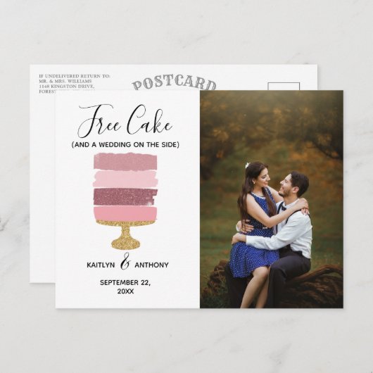 Gratis Cake Funny Modern Photo Wedding Save the Da Aankondigingskaart (Voorkant / Achterkant)