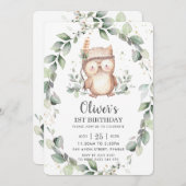 Gratis Cute Uil Rustieke Groene Bladrijke Verjaard Kaart (Voorkant / Achterkant)