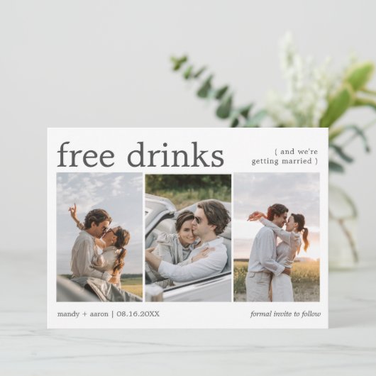 Gratis Drank Drie Verlovingsfoto's Trouwen Save The Date (Staand voorkant)