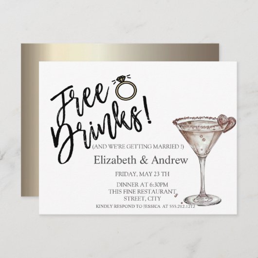 Gratis drankjes, Martini Glas Hart Bruiloft Kaart (Voorkant / Achterkant)