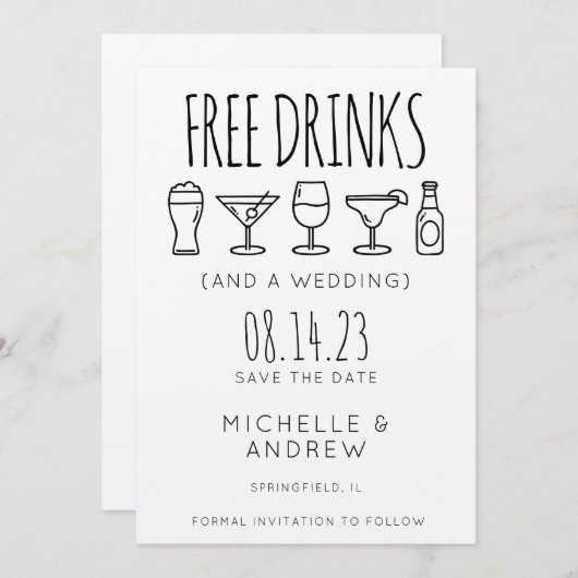 Gratis Drinken en een bruiloft bewaren de datum Kaart (Voorkant / Achterkant)