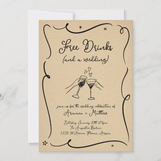 Gratis Drinken en een bruiloft Kaart (Voorkant)