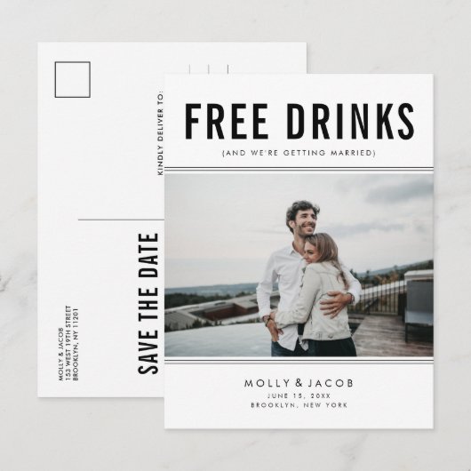 Gratis Drinken Foto bruiloft opslaan Datum Aankondigingskaart (Voorkant / Achterkant)