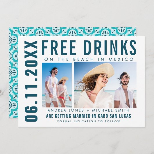 Gratis Drinken Foto Mexico Beach Wedding Aankondiging (Voorkant / Achterkant)