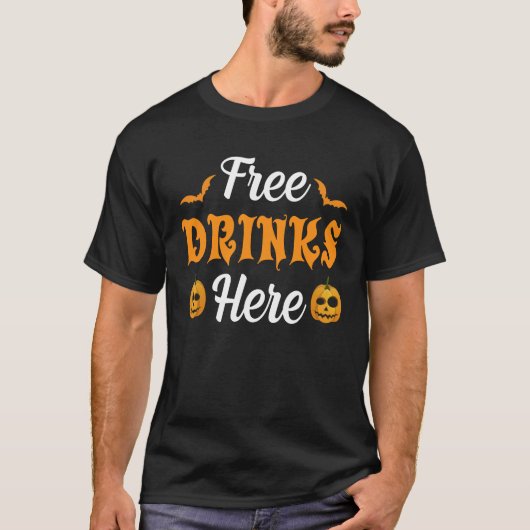 Gratis Drinken hier Funny Pumpkin Scary Bat Hallow T-shirt (Voorkant)
