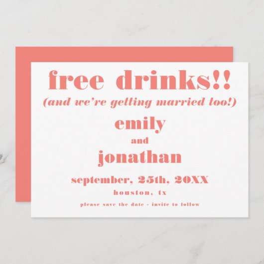 Gratis Drinken Koraalbruiloft redden de datum Save The Date (Voorkant / Achterkant)