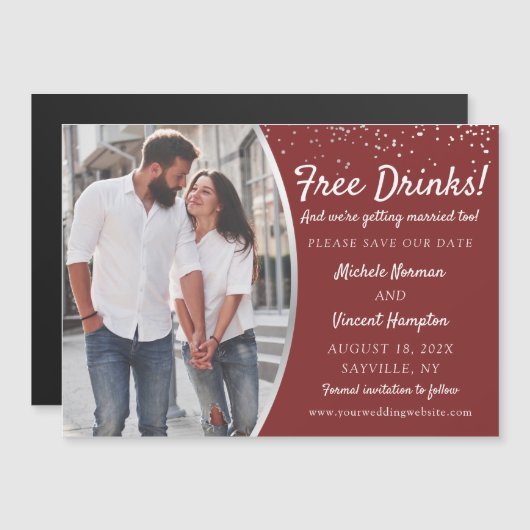 Gratis Drinken Silver Red Photo Save the Date Magn (Voorkant / Achterkant)